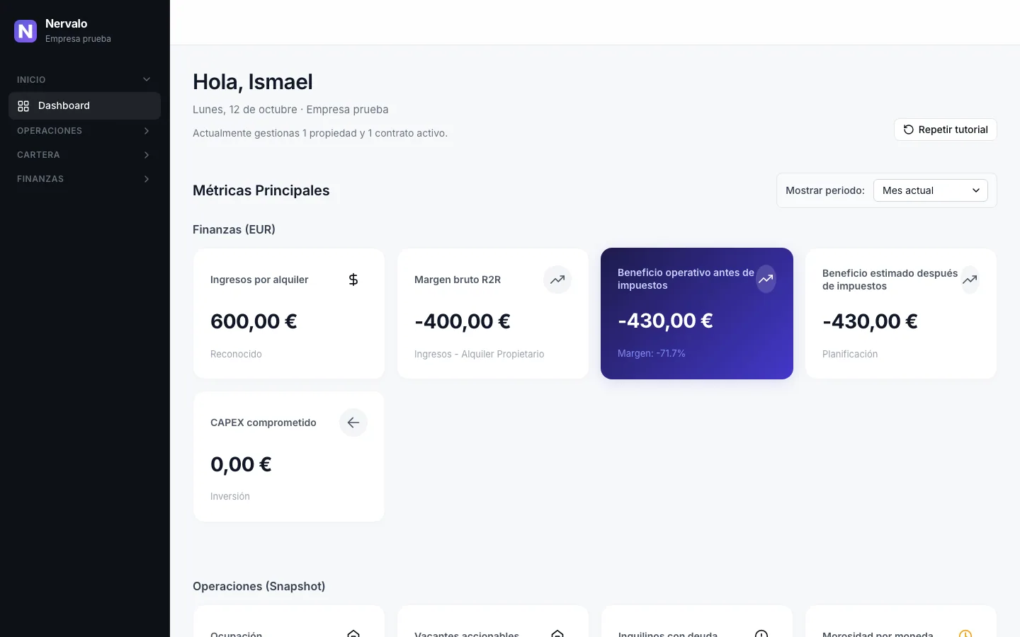 Dashboard de Nervalo con métricas de ingresos, margen, ocupación y morosidad